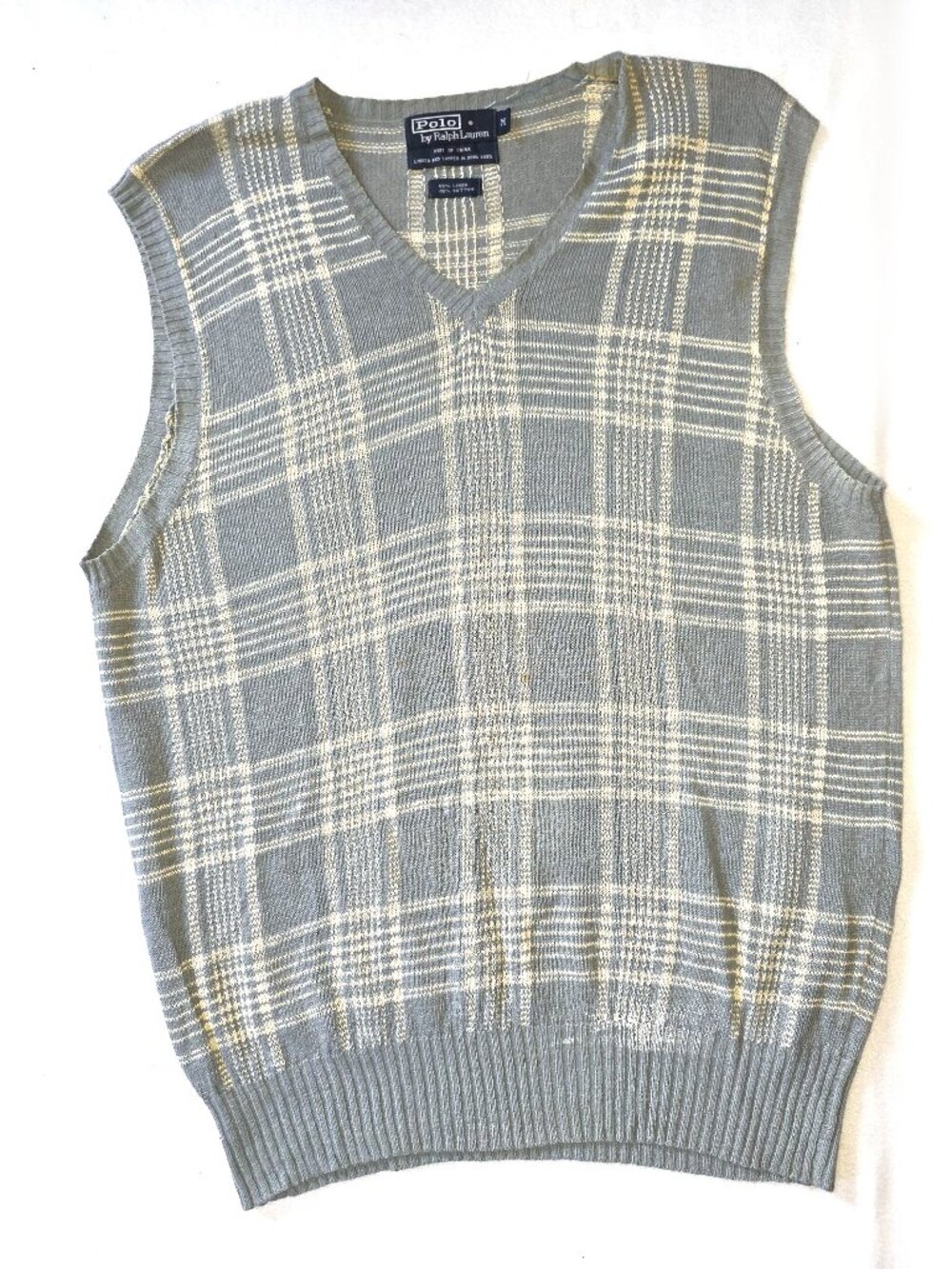 Vintage Polo Ralph Lauren Linen / Cotton Sweater Vest Men’s Medium Gray Plaid V-